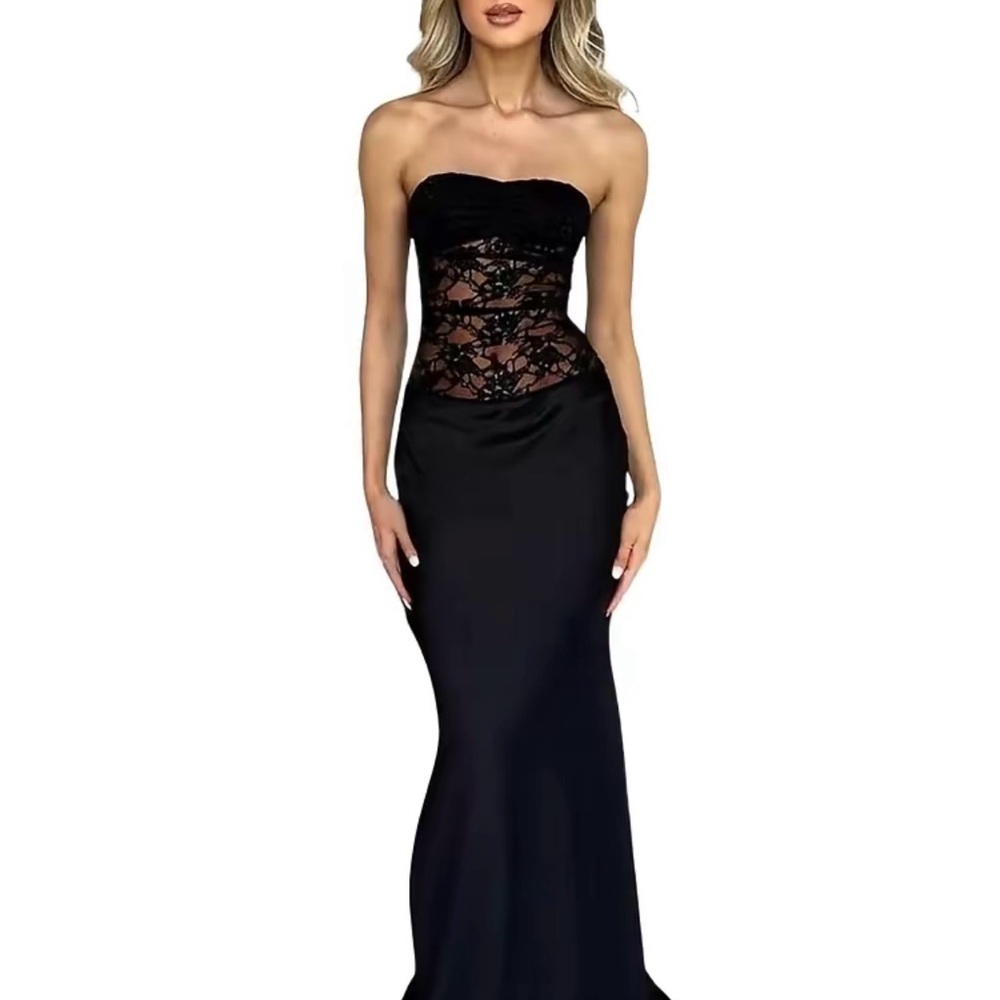 Elegant Black Strapless Lace Evening Gown